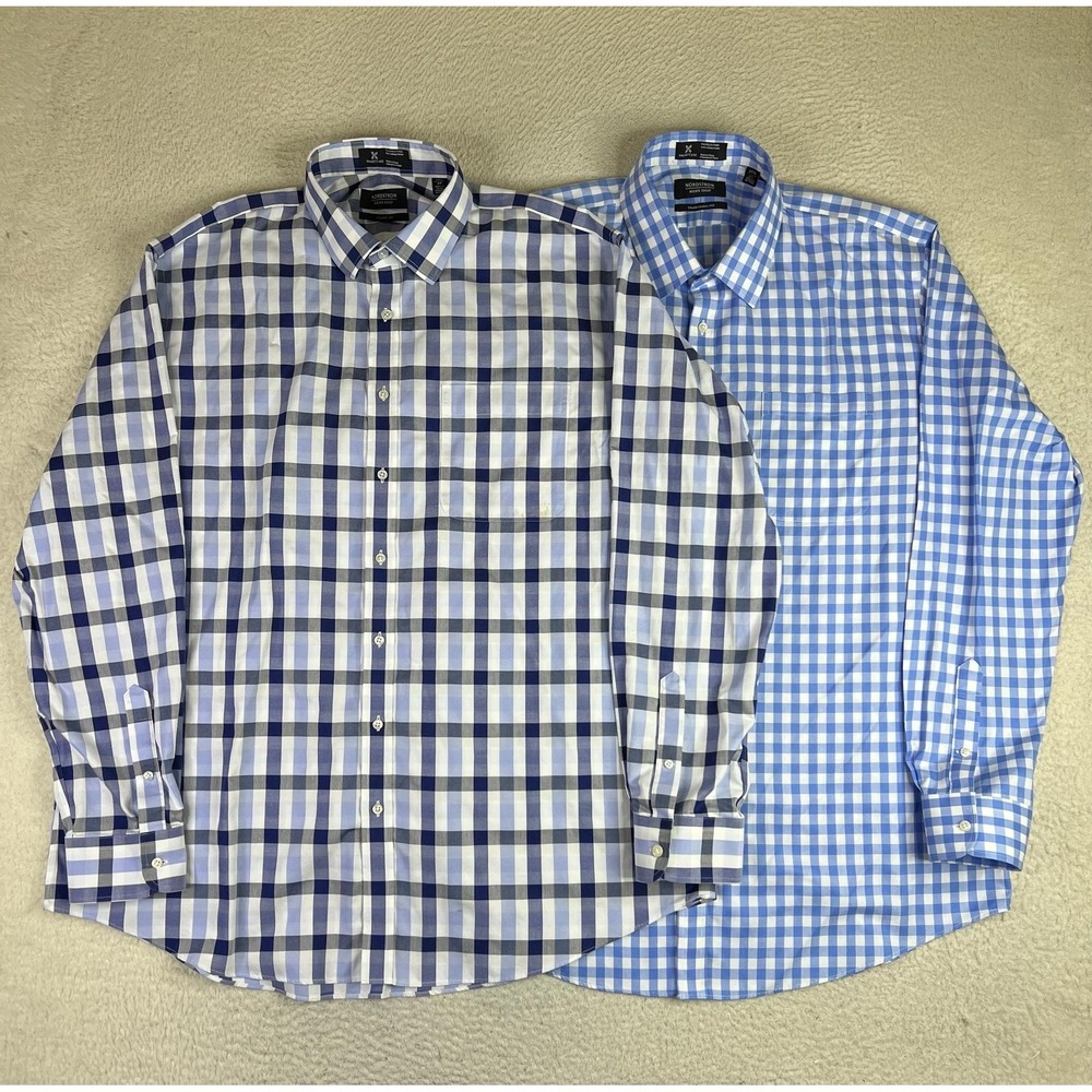 Nordstrom Dress Shirts Lot of 2 Mens 17.5 37 Blue Gingham Smartcare Wrinkle Free